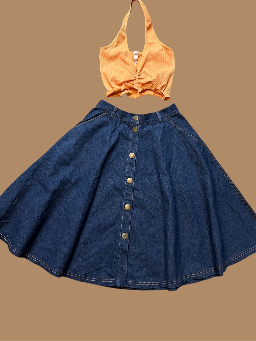 Trendy 2-Piece Outfit – Button-Front Denim Circle Skirt - Dark Blue Small Size
